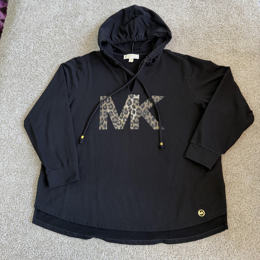 MICHAEL Michael Kors Hoodie Womens 2X Black Leopard MK Logo Terry Pullover